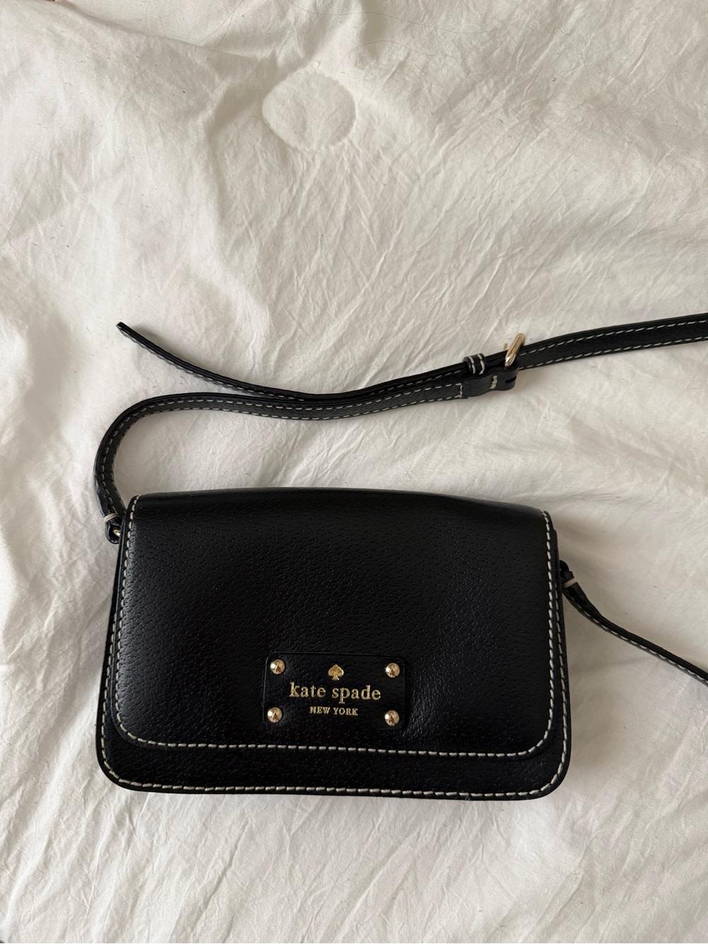 kate spade Black Leather Crossbody with White Stitching and Gold Plaque